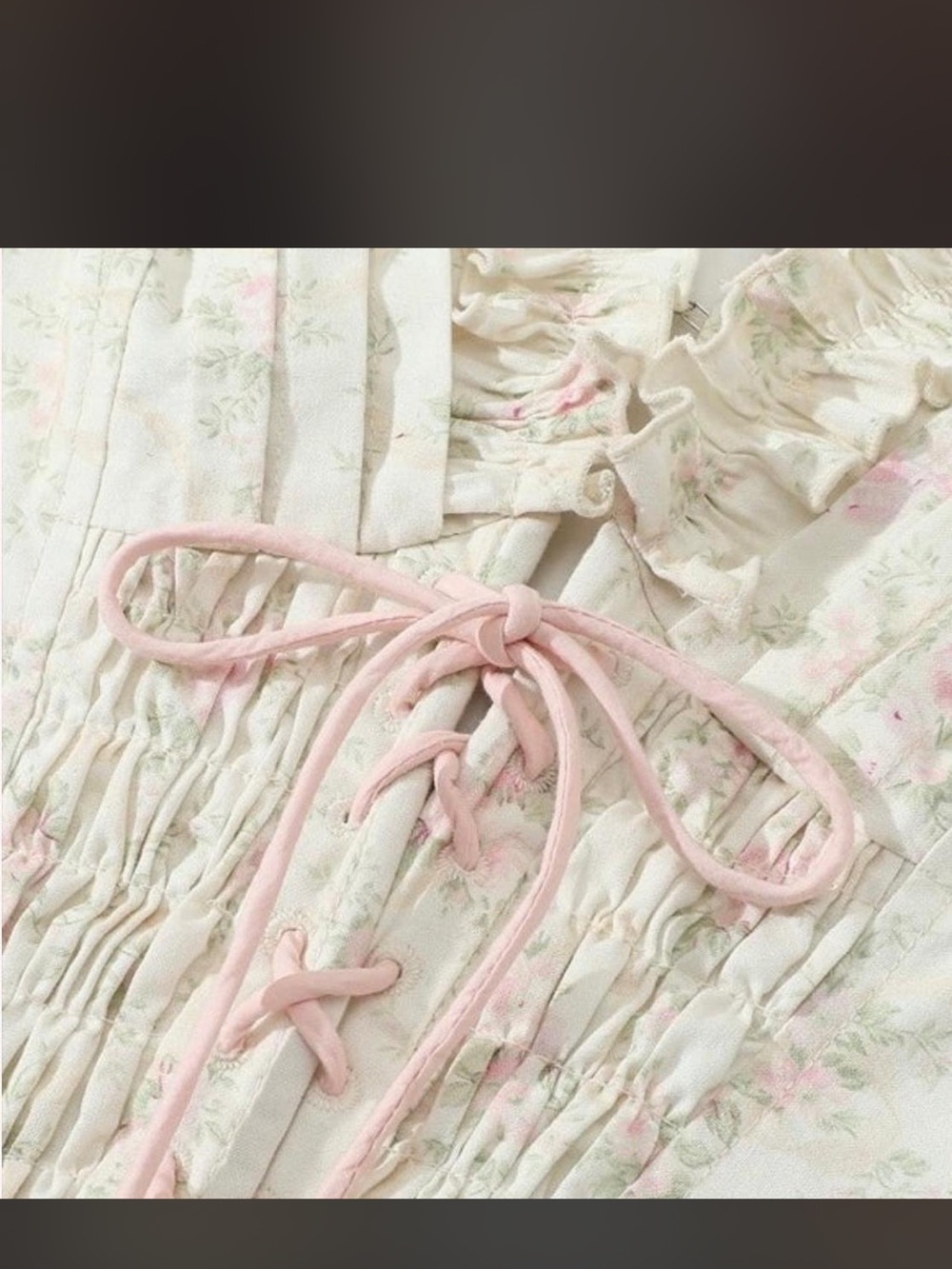Cream Floral Lace-Up Romantic Chemise with Puff Sleeves - Picture 6 of 7